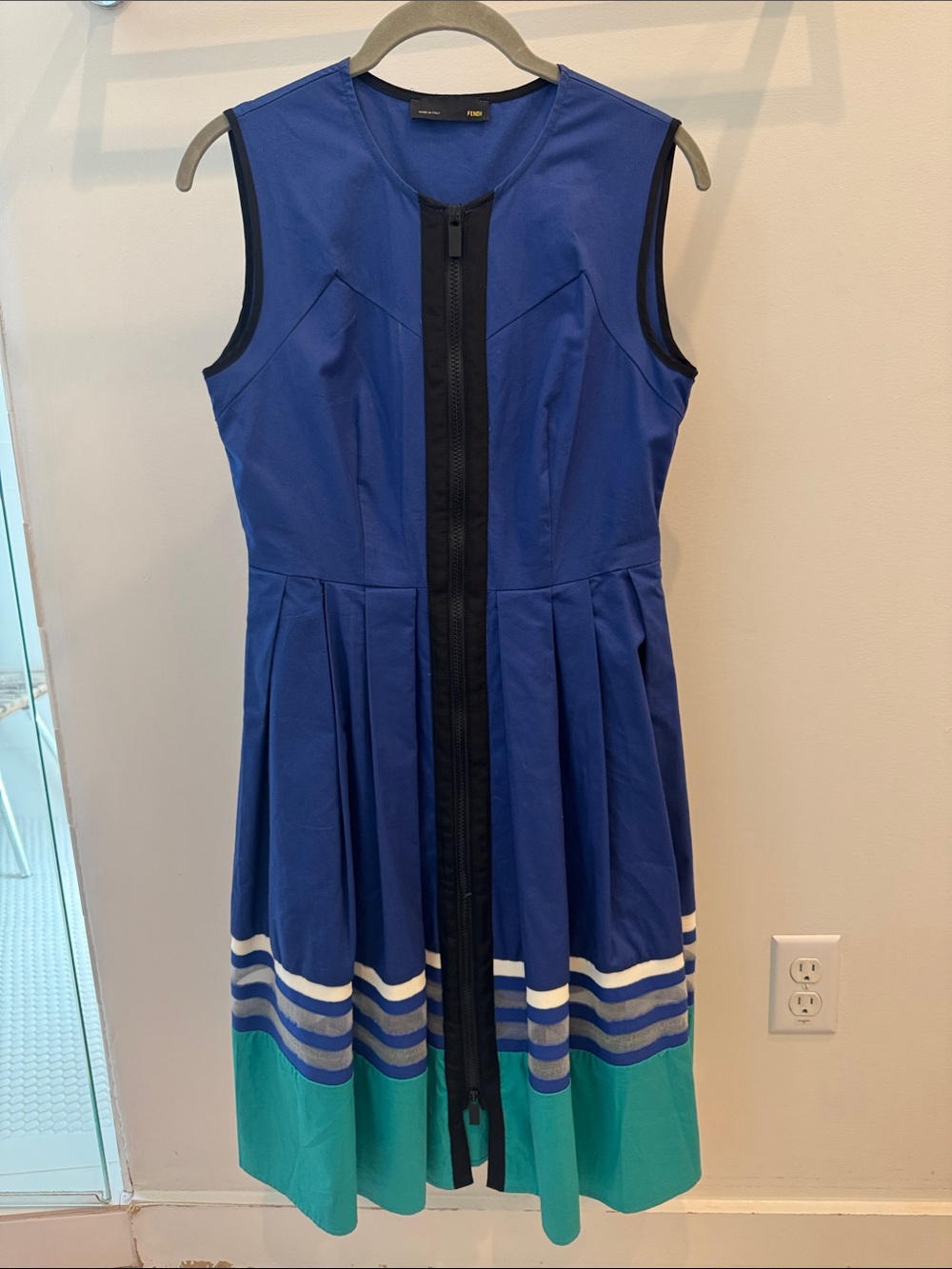 Fendi Sleeveless Colorblock Fit-and-Flare Dress in Blue, Teal & White